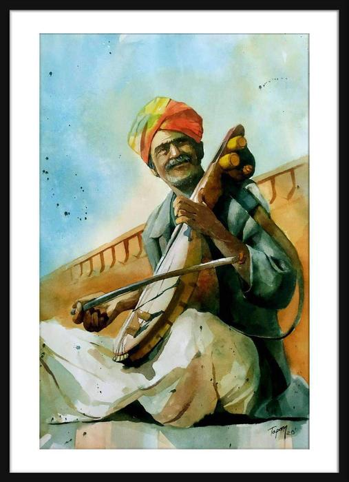 The Kamaicha Player Painting Watercolor on Paper, Figurative watercolor paintings